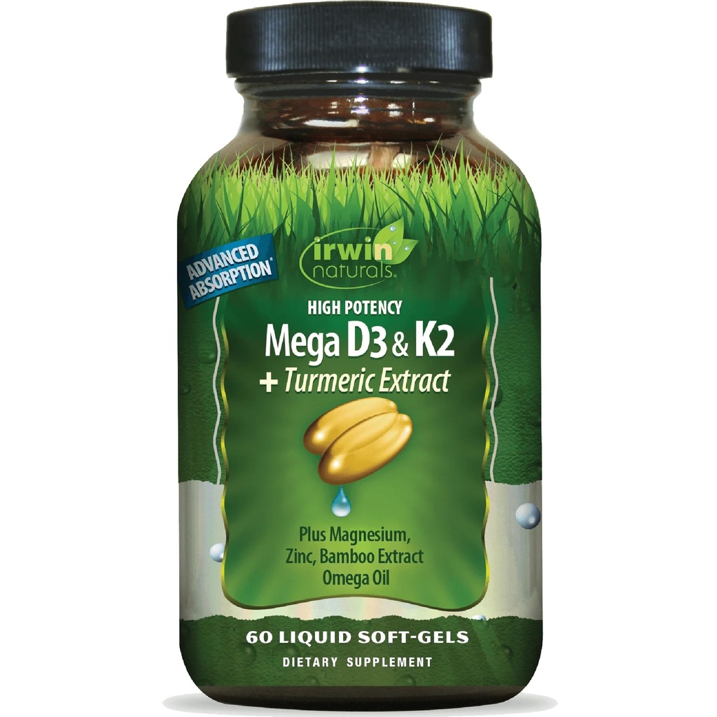 Irwin Naturals High Potency Mega D3 & K2 + Gurkemeje Extract - 60 flydende bløddele - Sunde knogler & immunfunktion