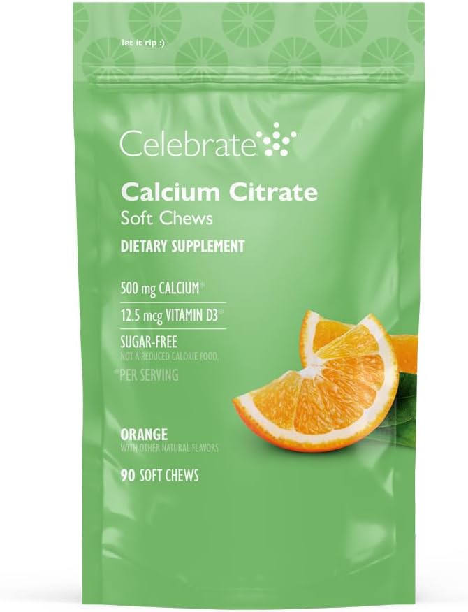 Celebrate Vitamin Bariatric 500 mg Calcium Citrat Soft Chews med 500 IE D3 Vitamin - Essential for Gastric Bypass Patienter & Knoglesundhed - Sukker & Gluten Free, Orange (90 Tyk)