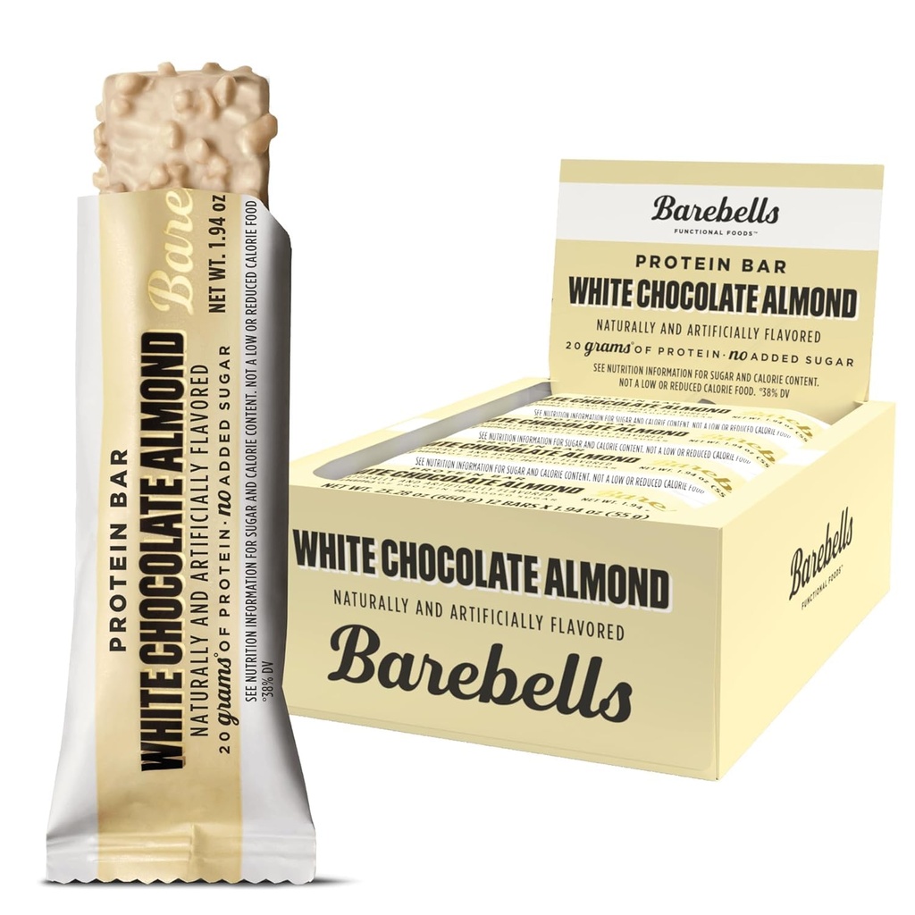 Barebells Protein Bars Hvid Chokolade Mandel - 12 Greve, 20g Høje Protein Treats - Chokolade Nutrition Bar med 1g Total Sugars - On- The- Go Morgenmad eller Post- Workout Snack