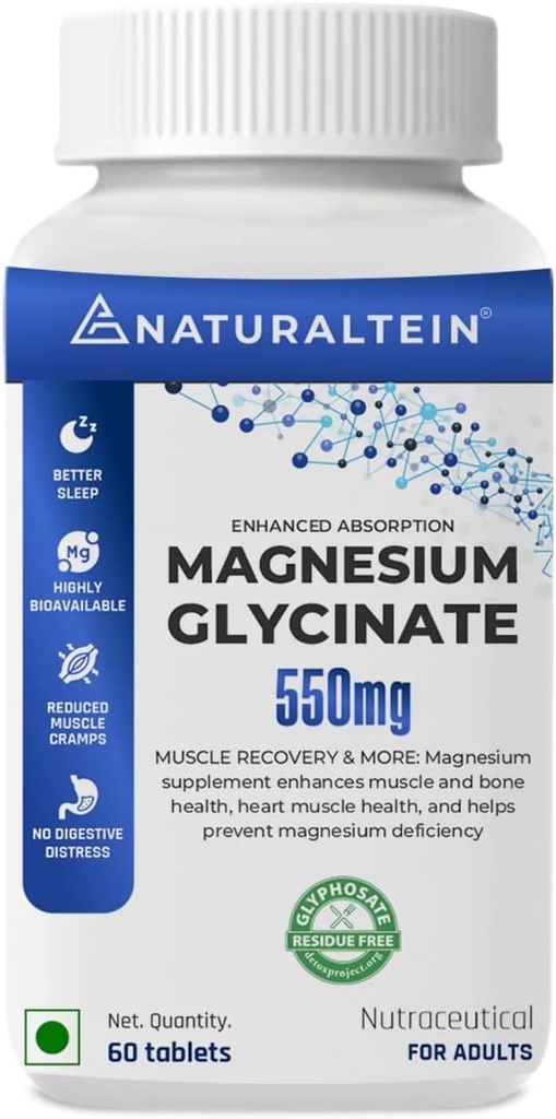 Magnesium Glycinate Supplement - 60 tabletter x 121 mg Elemental Magnesium, 555 mg én gang daglig Kvinder Pure Chelated Bisglycinate til godt helbred og søvn - Testet og Trusted til tunge metaller