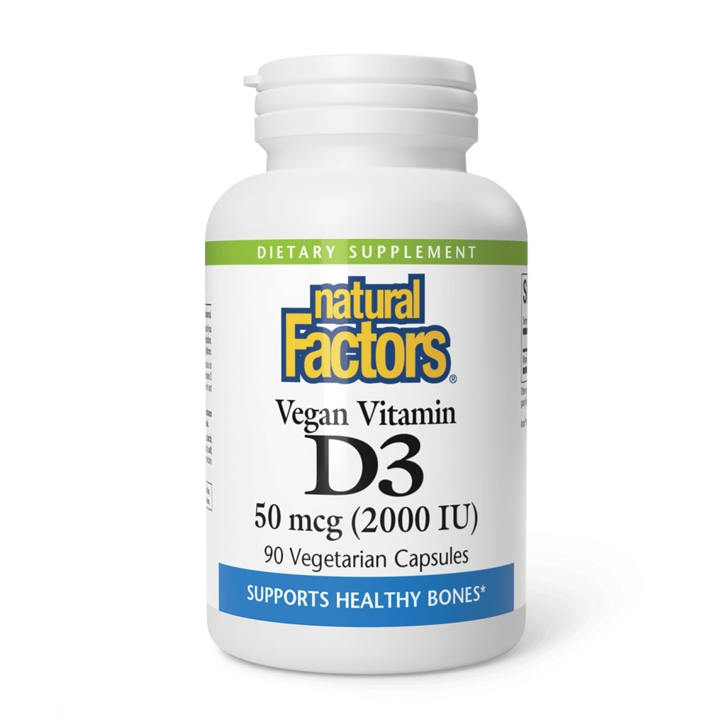 Naturlige faktorer Vegan Vitamin D3 2000 IE - Understøtter ben & immunforsvar - Plantbaseret Cholecalciferol - Vegetariske kapsler - 90 kapsler (90 Servere)