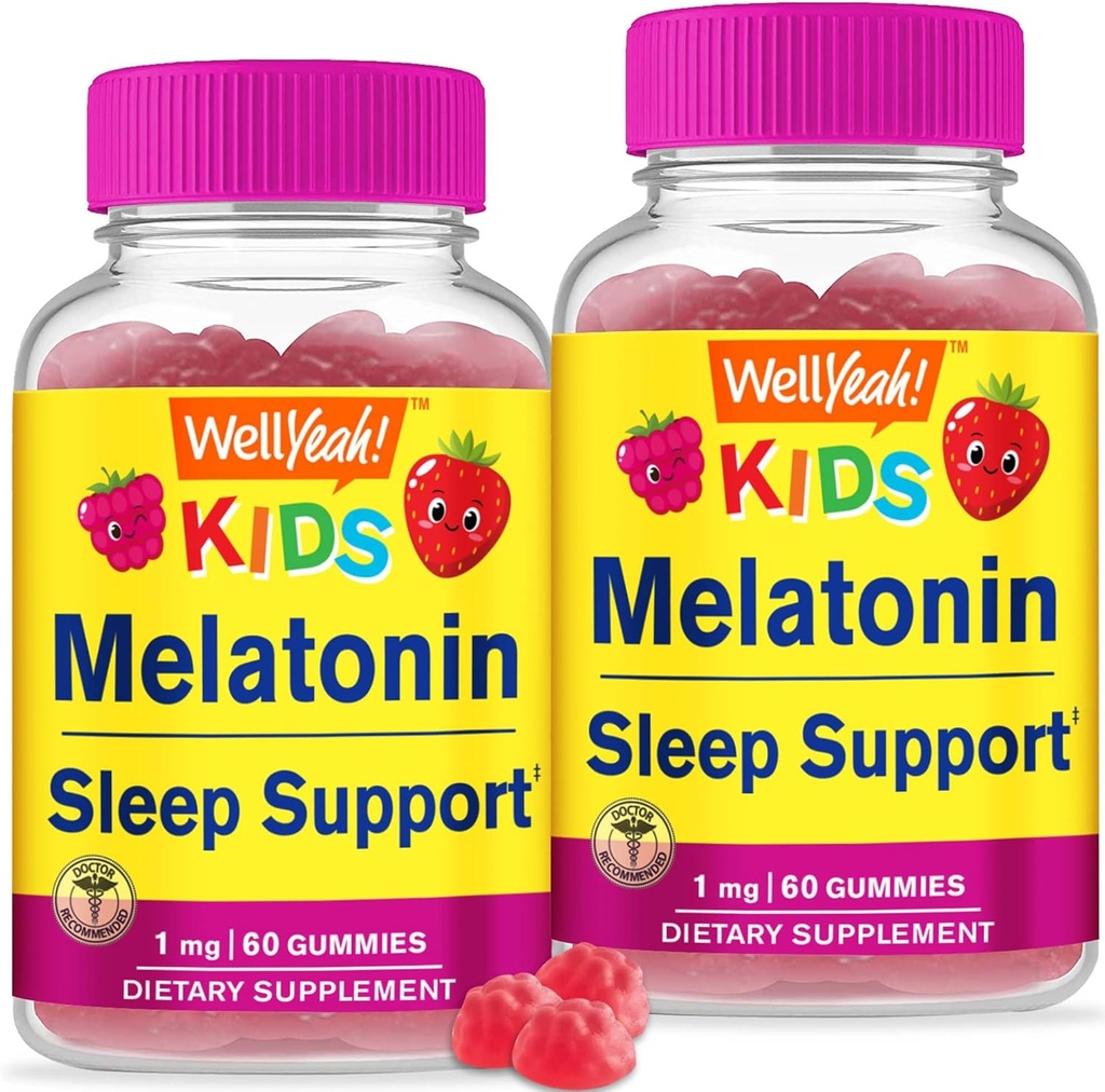 WellYes Kids Melatonin Gummies 1 mg (2 Pack) - Drug- Free Sleep Aid Gummy Supplement, Sovestøtte til børn - Gluten Free, Gelatine Free, Non GMO, Vegetar - Natural Sourced Flavor - 60 Gummies