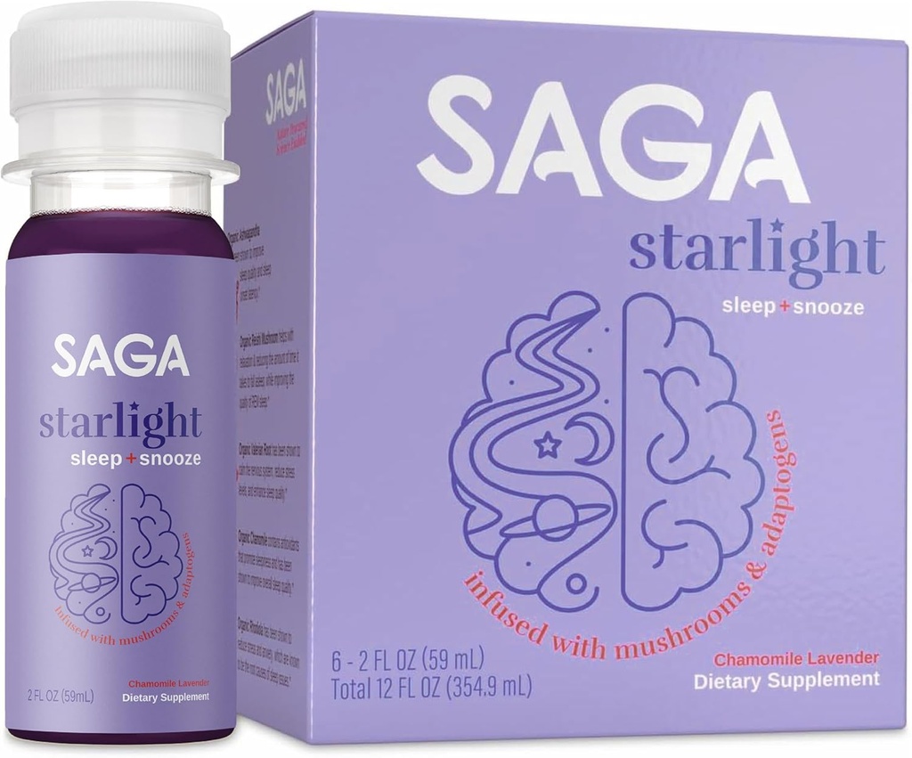 SAGA Starlight Organic Sleep Shots - Natural Sleep Aid med Melatonin, Reishi, Valerian Root, Ashwagandha, Kamille - Sugar- Free, Vegan, Zero Calories, Plantbaserede Sleep Support, Rejsestørrelse (2 Oz)