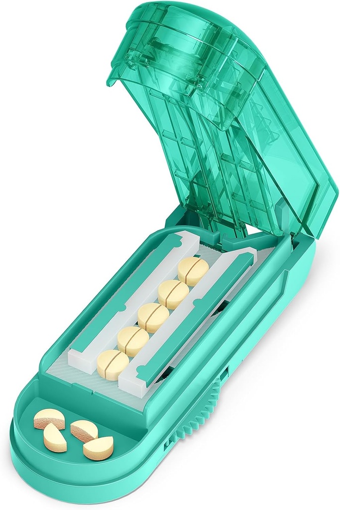 EN PIX Pill Pill Cutter Splitter til små og små piller, Medicin Cutter til at skære flere piller på et tidspunkt i halv, Klip til lille eller stor Pill med skjult Sharp rustfrit stål klinge, Cyan