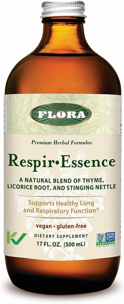 Flora - Respiro-Essence - Understøtter Lung & Respiratory Health - Indeholder Thyme, Licorice Root, Elecampane & Mere - Non- GMO, Vegan, Gluten- Free & Kosher - 17 fl. oz. Glasflaske