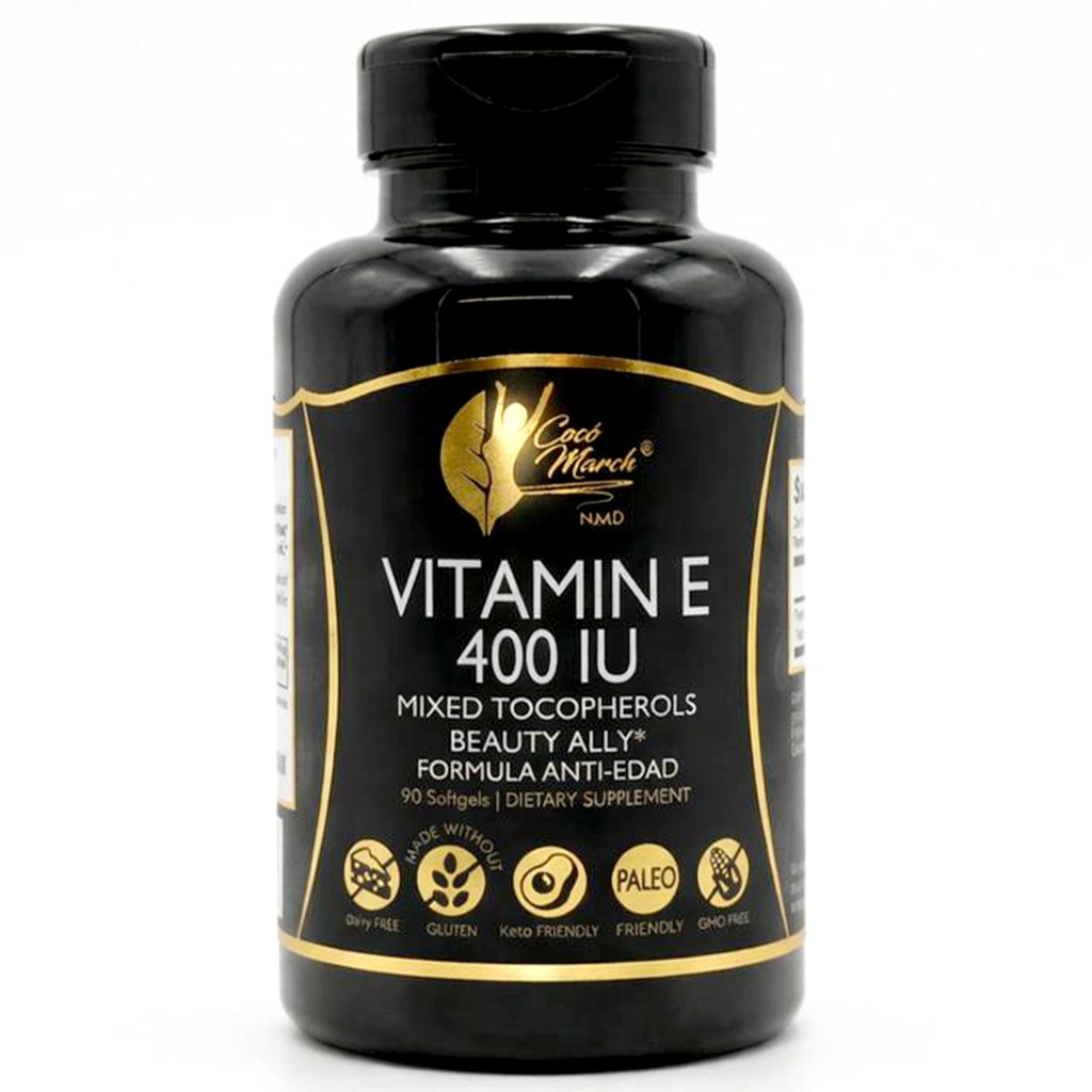 Cocó March N.M.D Natural Vitamin E 400 IU- Mixed Tocopherols, Beauty Ally, 3 Monthly Supply - Gluten Free, Paleo Friendly, Dairy Free, Keto Friendly, GMO Free, 100 Softgels