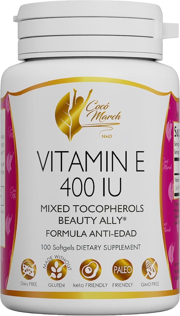 Cocó March N.M.D Natural Vitamin E 400 IU- Mixed Tocopherols, Beauty Ally, 3 Monthly Supply - Gluten Free, Paleo Friendly, Dairy Free, Keto Friendly, GMO Free, 100 Softgels