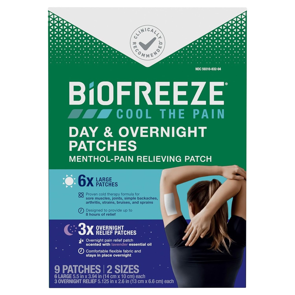 Biofreeze Dag & Overnight Pain Relief Patches, Menthol Pain Patches for Gigt & Muscle Pain Relief, Komfortable & Fleksible Fabric Stays in Place, FSA / HSA Støtteberettiget, 9 Patches (6 dag, 3 nat)