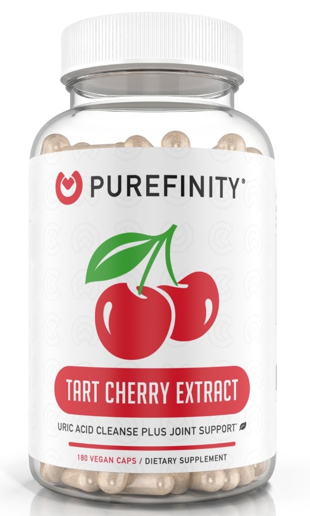 PUREFINITY Tart Cherry Capsules - Urisyre Flush & Cleanse til støtte Joint & Muscle Comfort med 3000 mg rå ekstrakt, Non- GMO, Gluten Free, Vegan - 180 Greve (6 måneder Tilgang)