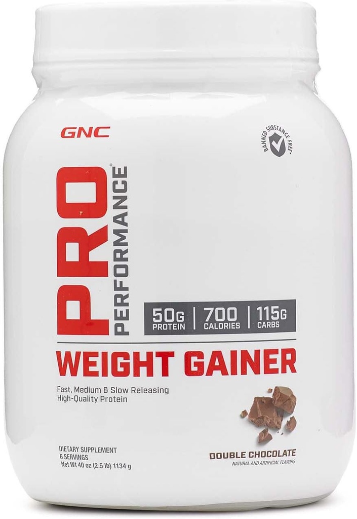 GNC Pro Performance Weight Gainer Protein Powder, 50g Protein, High Calorie, 700 kalorier, Understøtter masse og muskel Inddrivelse, MCT, BCAA, 3. part testet, Dobbelt chokolade, 6 Servere, 2,5 lbs