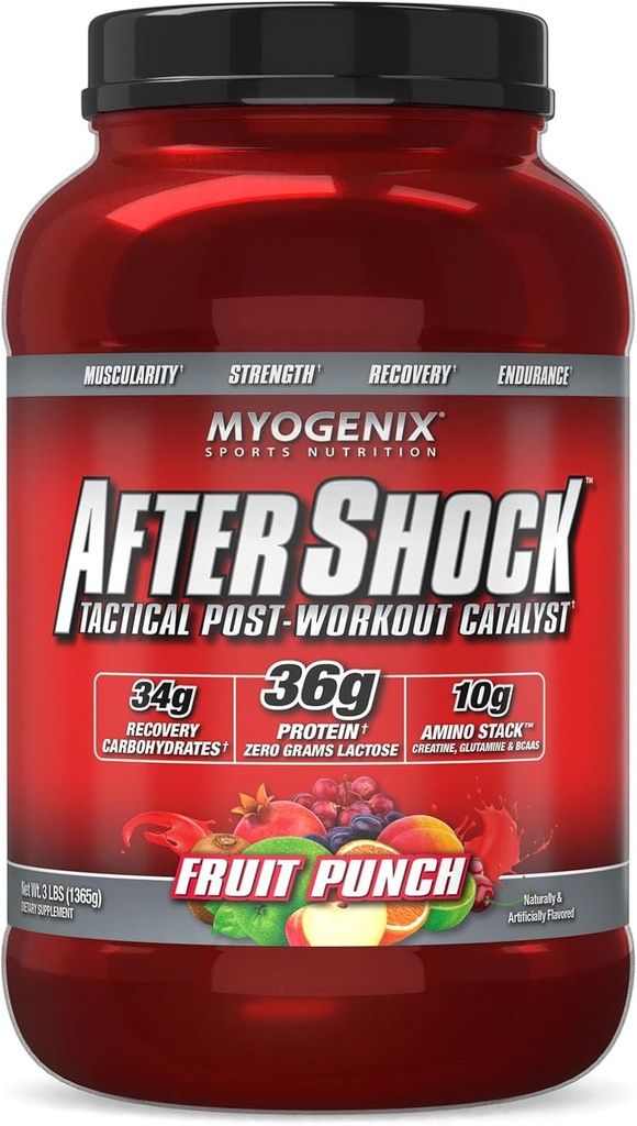Myogenix Aftershock Post Workout - Muscle Growth Whey Protein Powder - Speeds Up Muscle Growth and Recovery - Understøtter fælles sundhed og genoptager Glycogen - Frugt Punch, 3 lbs