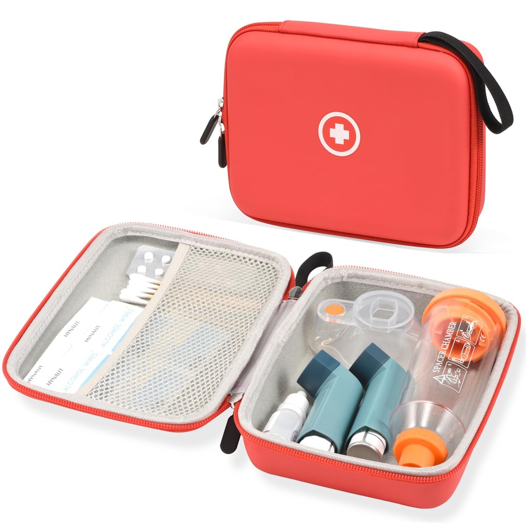 Fukumi Hard Travel Case for Astma Inhaler, Inhaler Spacer Case for børn og voksne, Masker, Astma Tilbehør Sag med Mesh Pocket for Medicine og andet tilbehør, Rød (kun sag)