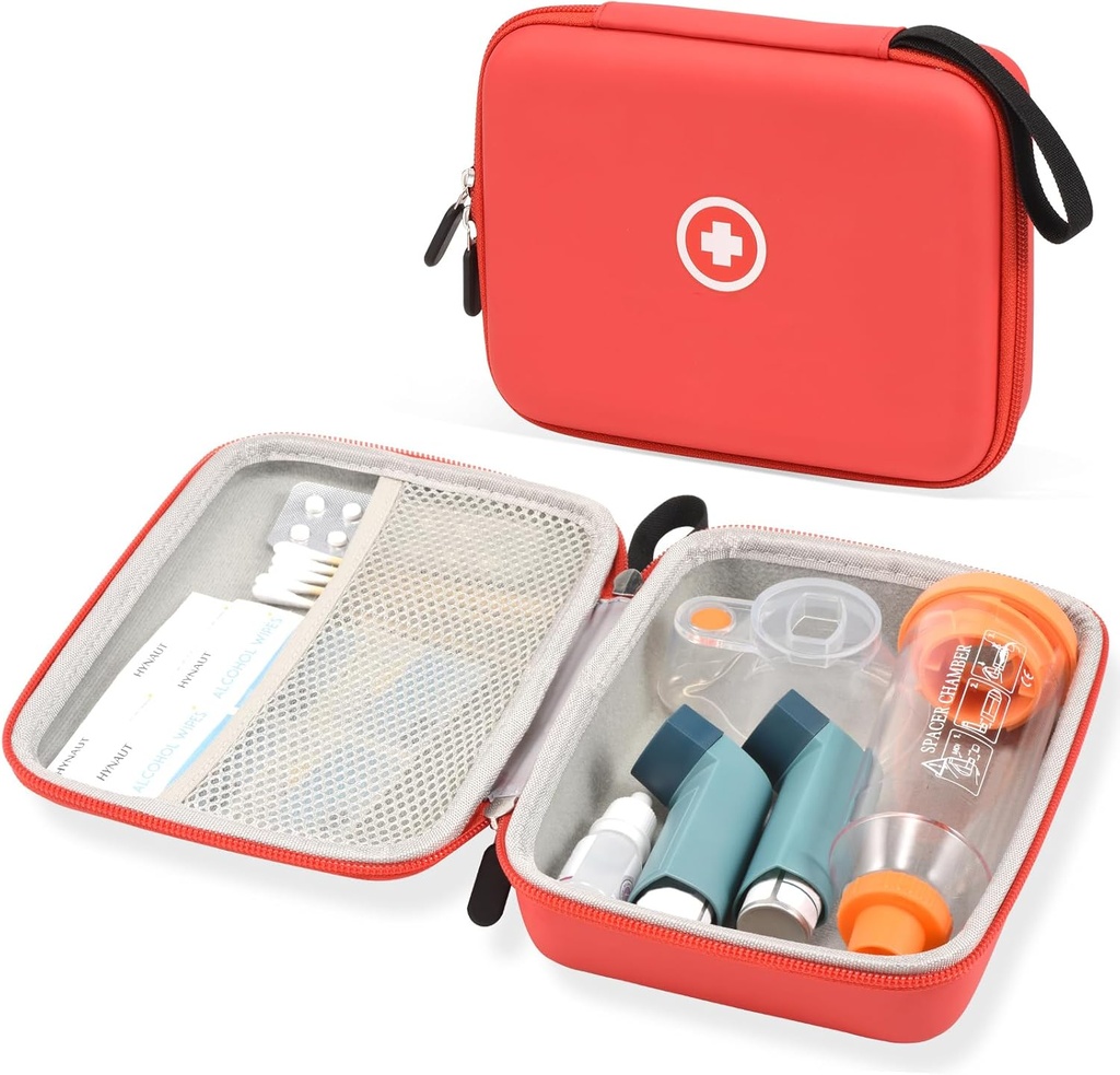 Fukumi Hard Travel Case for Astma Inhaler, Inhaler Spacer Case for børn og voksne, Masker, Astma Tilbehør Sag med Mesh Pocket for Medicine og andet tilbehør, Rød (kun sag)