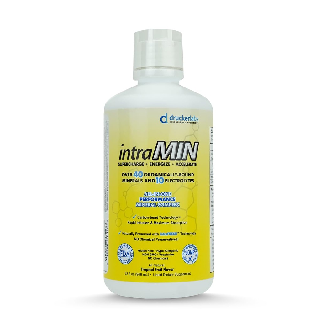 DRYCER Labs - Intramin Organic Liquid Trace Minerals Kosttilskud til mænd, kvinder, børn, immunforsvar, Muskelstøtte, Non GMO, Gluten Free, Vegan, Elektrolyter (32 oz., Tropical Fruit Punch)