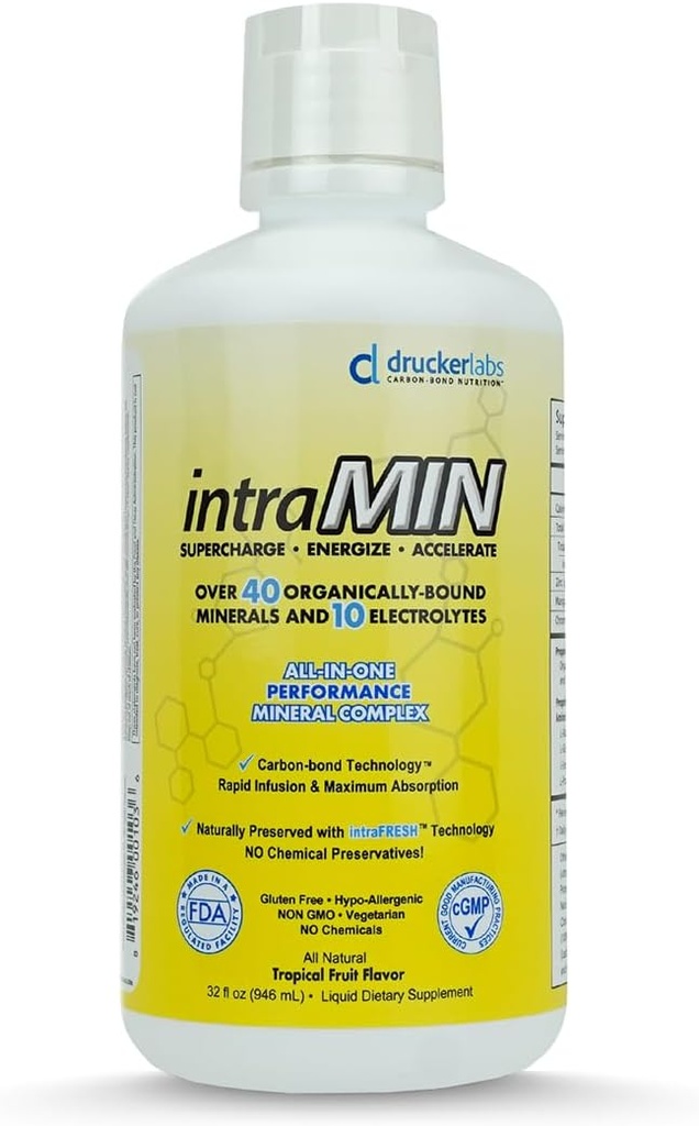 DRYCER Labs - Intramin Organic Liquid Trace Minerals Kosttilskud til mænd, kvinder, børn, immunforsvar, Muskelstøtte, Non GMO, Gluten Free, Vegan, Elektrolyter (32 oz., Tropical Fruit Punch)