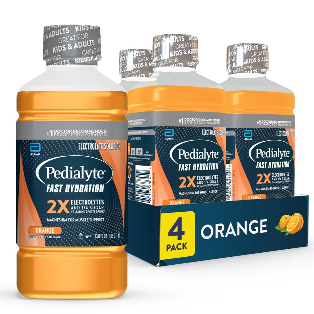 Pedialyte Fast Hydration Electrolyte Solution, Orange, Hydration Drink, 33.8 Fl Oz (pakke med 4)