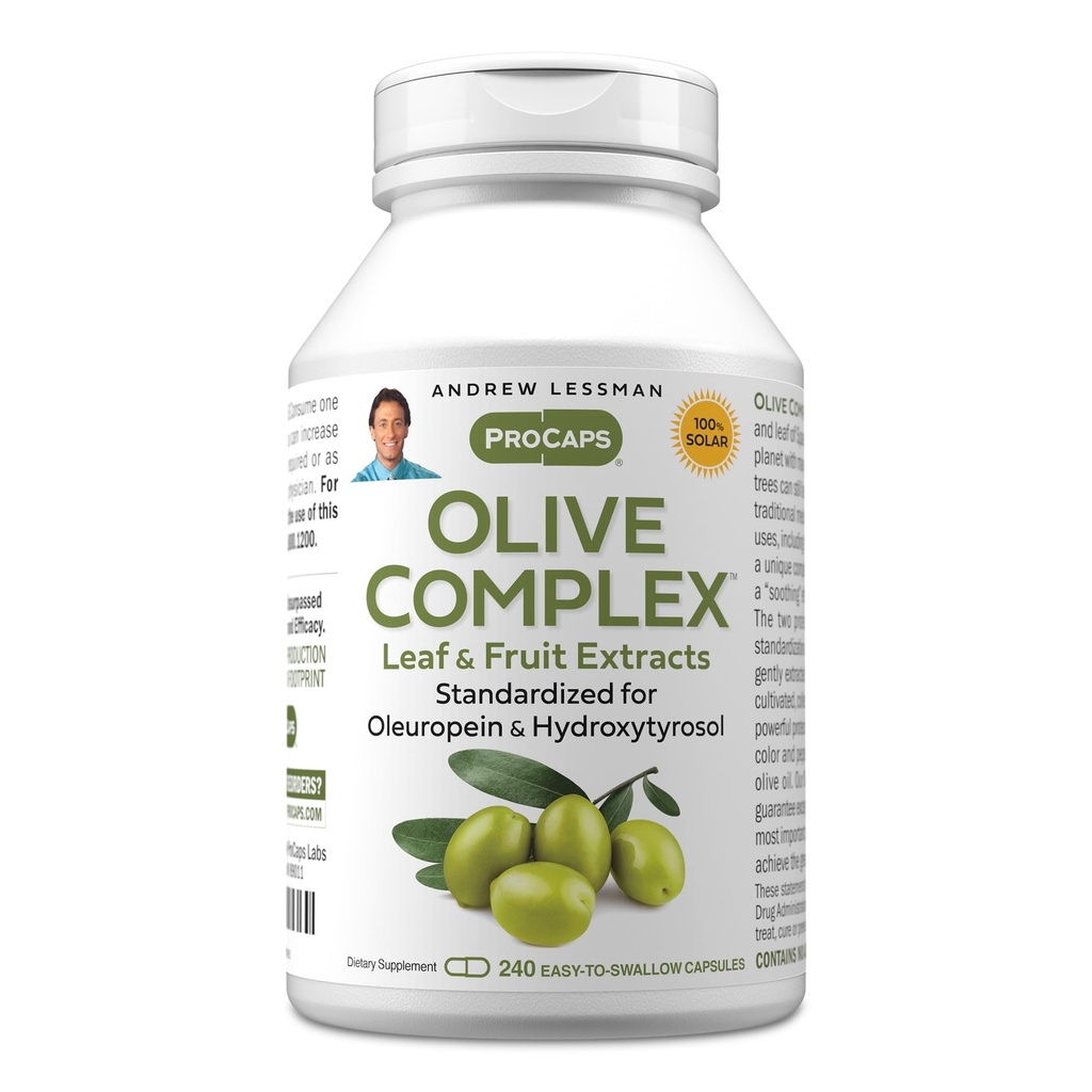 ANDREW LESSMAN Olive Complex - 240 kapsler - blade og frugt udtrækker. Standardiseret for Oleuropein og Hydroxytyrosol til at understøtte kardiovaskulær og immunforsvar. Lille let at synke kapsler