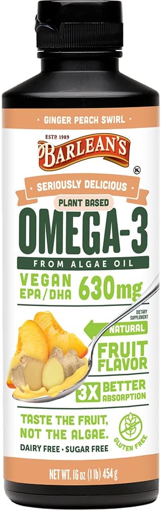 Barlean 's Ginger Peach Vegan Omega 3 Supplement, Flydende Algae Oil med 630 mg EPA & DHA, Plant Based Omegas fra Algal Oil, Non- GMO & Gluten Free, 16 oz
