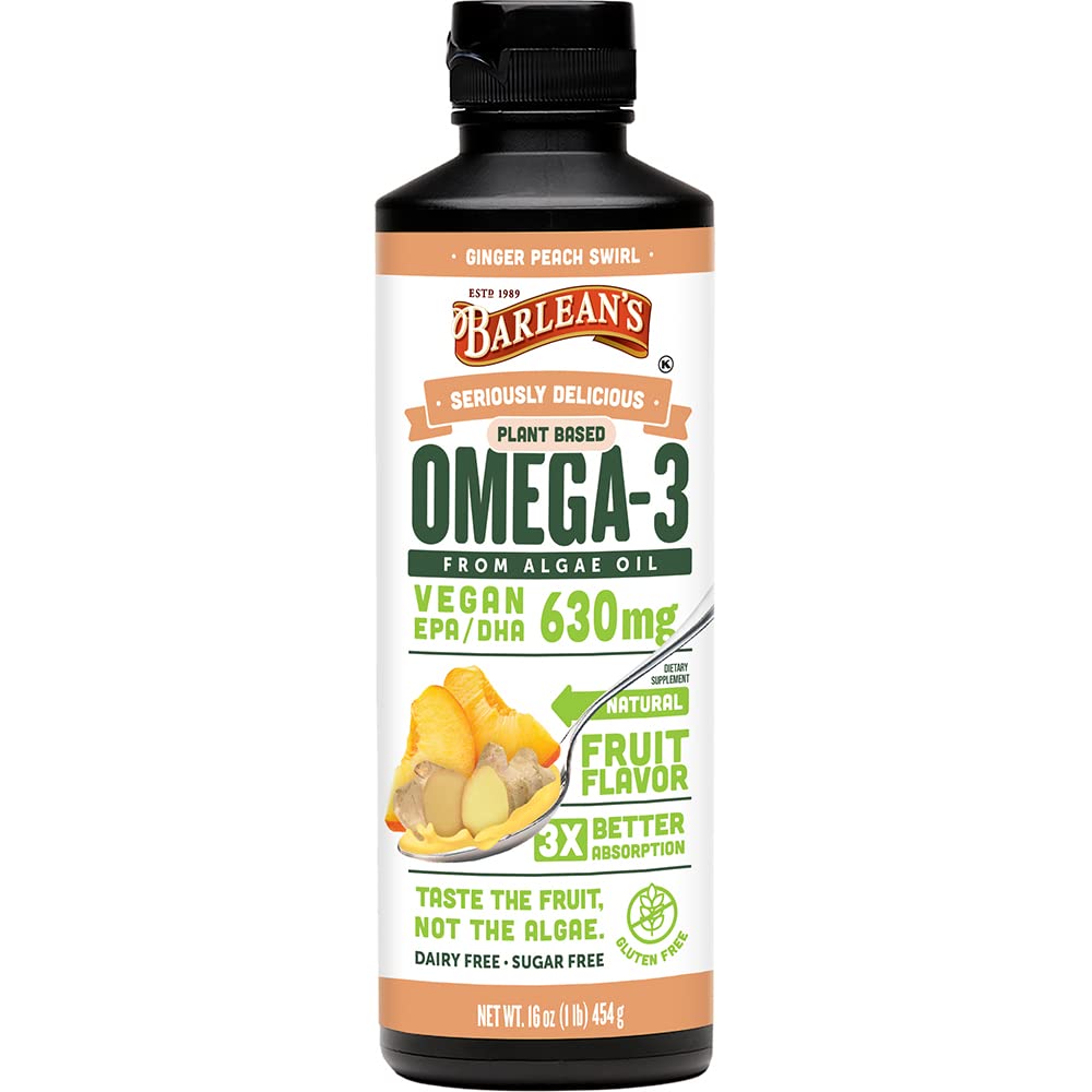 Barlean 's Ginger Peach Vegan Omega 3 Supplement, Flydende Algae Oil med 630 mg EPA & DHA, Plant Based Omegas fra Algal Oil, Non- GMO & Gluten Free, 16 oz