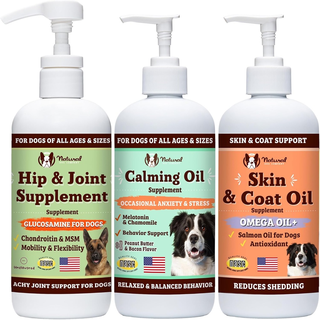 Natural Dog Company Wellness Bund $le for hunde, fødevarer Toppers, flydende kosttilskud med (1) Hud & Coat Oil, (1) Flydende Glucosamin, (1) Calming Oil