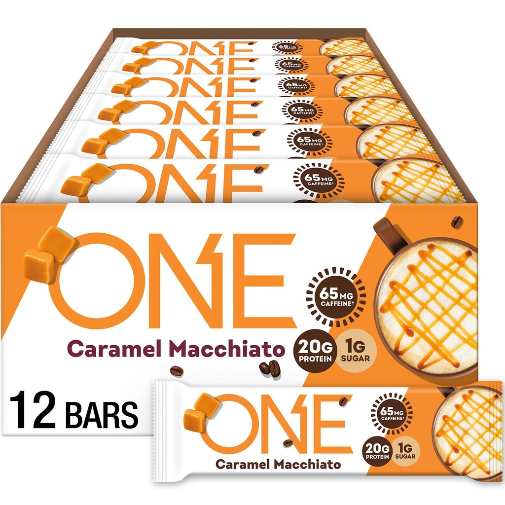 ONE Coffee Shop Kaffebar Protein Bars, Caramel Macchiato, Gluten Free med 20g Protein og 65mg af Koffein Energy, Pantry Staples, 2,12 oz (12 Greve), Packaging May Vary