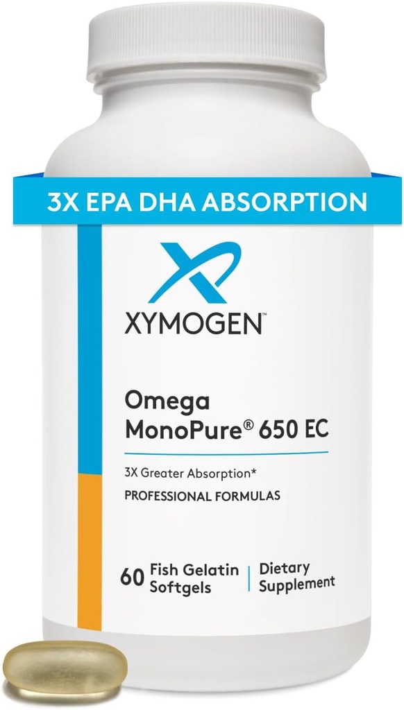 XYMOGEN Omega Monopure 650 EC - Omega-3 Fish Oil Supplements for Women & Men - med EPA, DHA & DPA - Mindre bløddele med 3X større absorption - Støtte en sund hjerte & kognition (60 bløddele)
