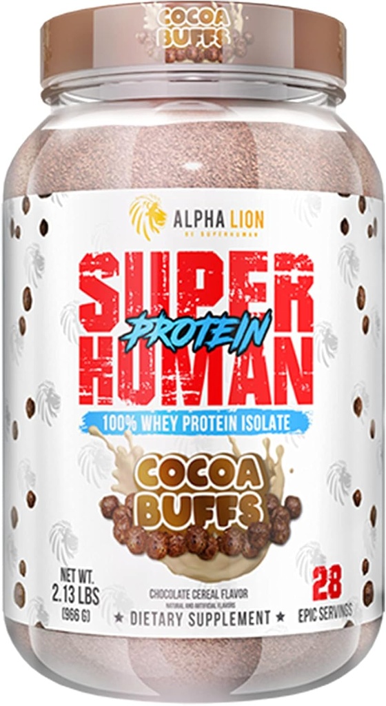 ALFA LION Superhuman Whey Protein Powder, Great Tasting Pure Whey Protein Isolate, Lav Carb, Low Sugar, Ingen Bloat Post Workout, Muscle Recovery & Growth (28 Servere, Kakao Buffs)