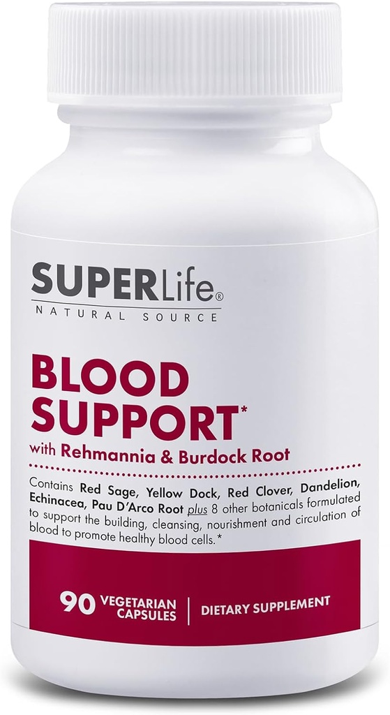 Blood Support - med Rehmannia, Mælkebøtte, Rød kløver, Burdock Yellow Dock, Echinacea & Pau D 'Arco Note 124; Promodes Building, Cleansing, Nourisation & Circulation of Blood Dex124; Supplement - 90 Kapsler