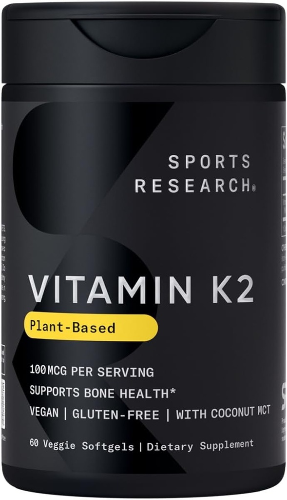 Sports Research ® Vitamin K2 som MK-7 100mcg med kokos MCT Oil - 60 Veggie Softgels (2 måneder Tilgang) Vegan Certified, Non- GMO Verified, Gluten & Soy Free