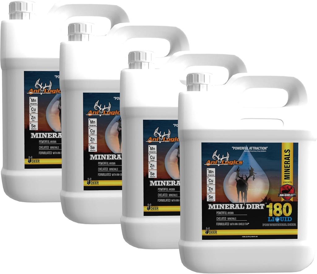 Ani- Logics Udendørs Mineral Dirt 180 Flydende Deer Mineral - Pour- On Attractant for Blocks, Logs, & Stumper - Opret Mineral Licks & Support Herd Health - 1 Gallon, 4 Pack