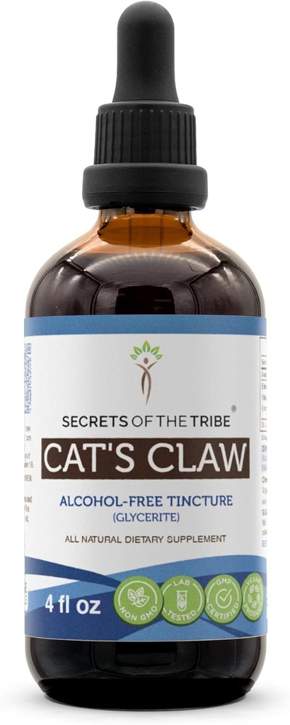 Secrets of the Tribe Cat 's Claw Tincture Alcohol- Free Liquid Extract, Wildcrafted Cat' s Claw (Uncaria Tomentosa) Tørret Indre Bark (4 FL OZ)