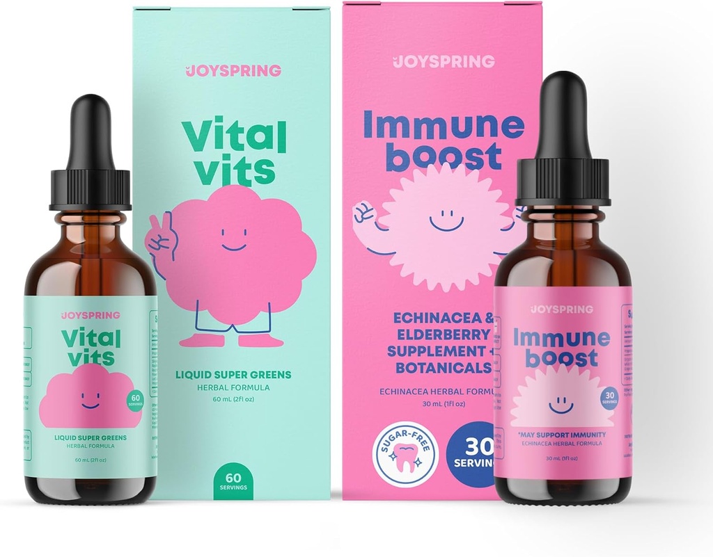 JoySpring Vital Set - Kids Vitaminer & Minerals naturligt bestøvede 124; Non- Alkoholic, Sugar- Free Liquid Formel 124; Immunity Helbreds Support