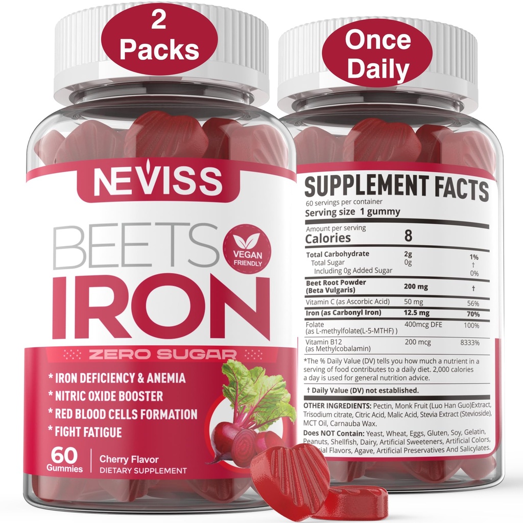 Beet Root Gummies med jern, Methyl B12, Folate, C-vitamin - Forøg nitrogenoxid & jernniveauer, Energistøtte, Fight Træthed, Beetroot & Gentle jerntilskud, Sukker fri, 120 Tæl