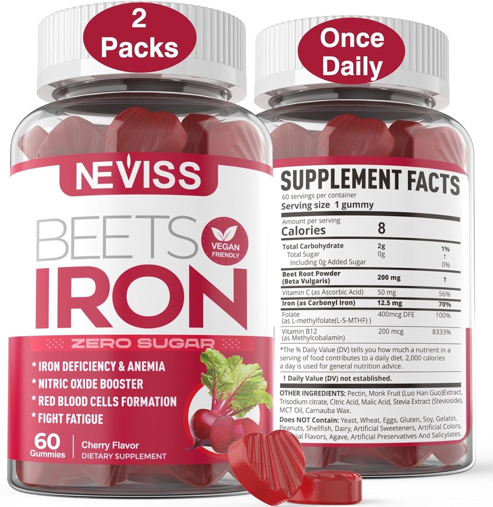 Beet Root Gummies med jern, Methyl B12, Folate, C-vitamin - Forøg nitrogenoxid & jernniveauer, Energistøtte, Fight Træthed, Beetroot & Gentle jerntilskud, Sukker fri, 120 Tæl