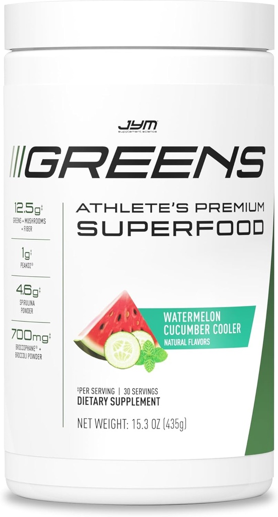 JYM Greens Super Food Powder for Performance, Watermelon Cuckumber, Spirulina, Svampe, Vitaminer, Broccophane & Broccoli, Mænd & Kvinder, 30 Servering