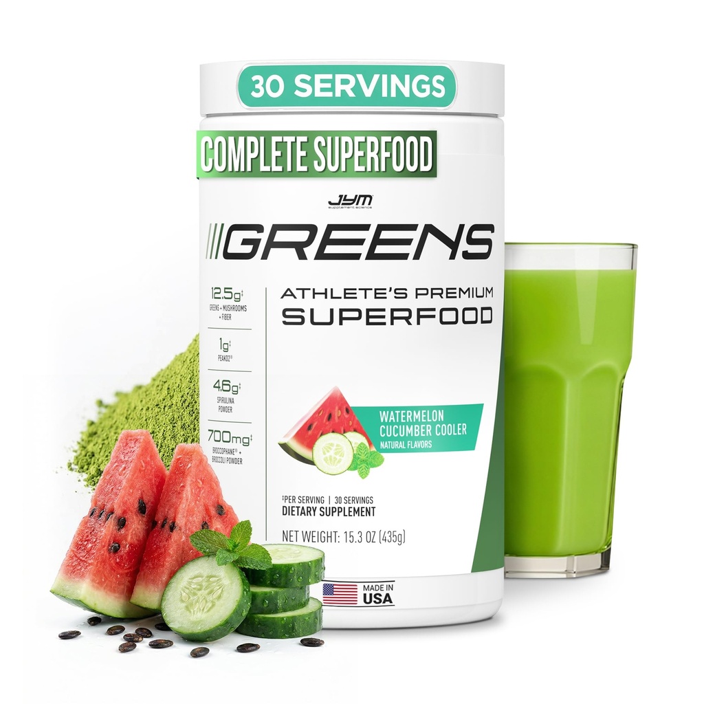JYM Greens Super Food Powder for Performance, Watermelon Cuckumber, Spirulina, Svampe, Vitaminer, Broccophane & Broccoli, Mænd & Kvinder, 30 Servering