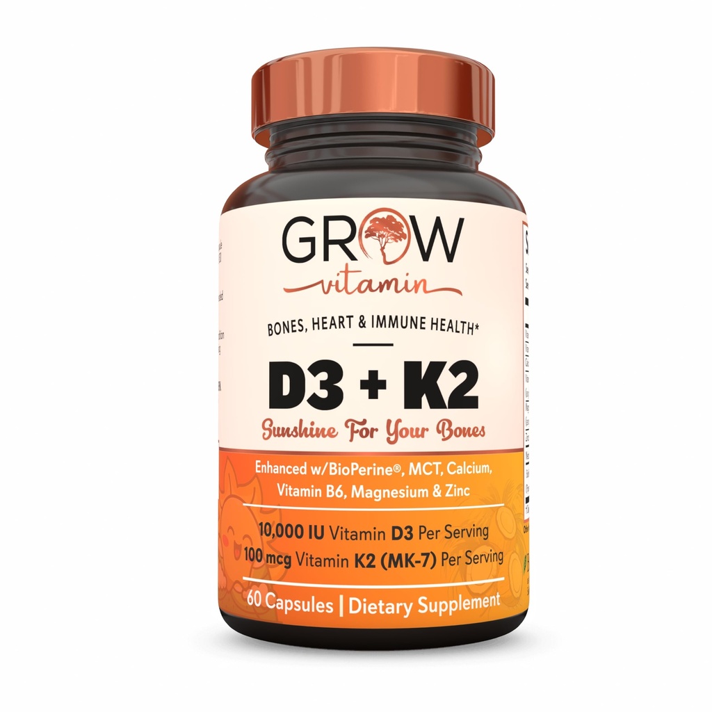vokser vitamin D3 K2 w / MCT Olie - 10.000 IE D3, 100 mcg K2 MK7, Calcium, Zink, BioPerine, Magnesium til Superior Absorption - 60 kapsler