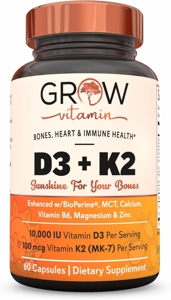 vokser vitamin D3 K2 w / MCT Olie - 10.000 IE D3, 100 mcg K2 MK7, Calcium, Zink, BioPerine, Magnesium til Superior Absorption - 60 kapsler