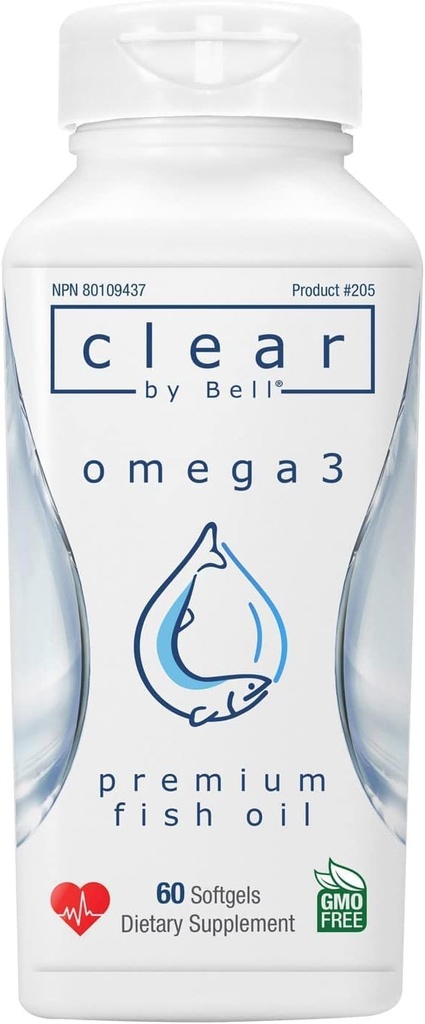 Bell Clear Pure Omega 3 Fish Oil Kosttilskud, 2000 mg per servering - Burp Free Premium, Clean and Clear, No Fishy Taste og No Repeats (burps), Cholesterol Free, GMO og Allergen Free, 60 Softgels