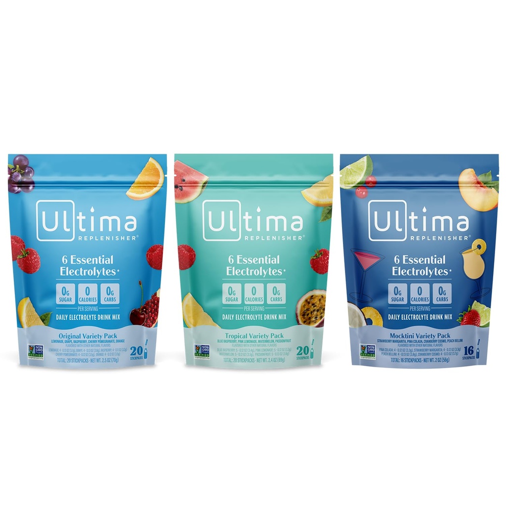 Ultima Replenisher Daily Electrolyte Powder Drink Mix - Sugar Free - Tropical, Mocktini, Original Variety, 56 Stickpacks - Hydrationspakker - 6 Elektrolyter og mineraler - Keto, Non- GMO