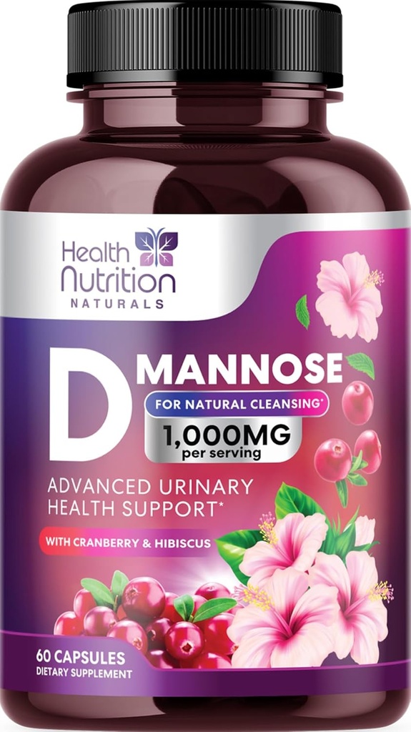 D- Mannose Supplement 1,350 mg - med Tranebær, Hibiscus & Mælkebøtte - Hurtig- Action- Action- Natural Urinary Tract & Brege Support til kvinder & Mænd - Flush & Cleanse Urenheder - Ikke-GMO, Vegan - 60 kapsler