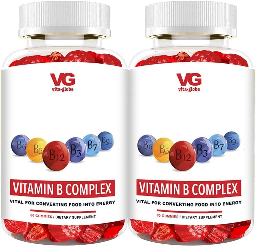 VITA GLOBE B Complex Gummy Vitamin - Jordbærsmag med C-vitamin, Niacin, B6, B12 & Biotin for Energy, Heart Health and Brain Support, 120 Count (pakke med 2)