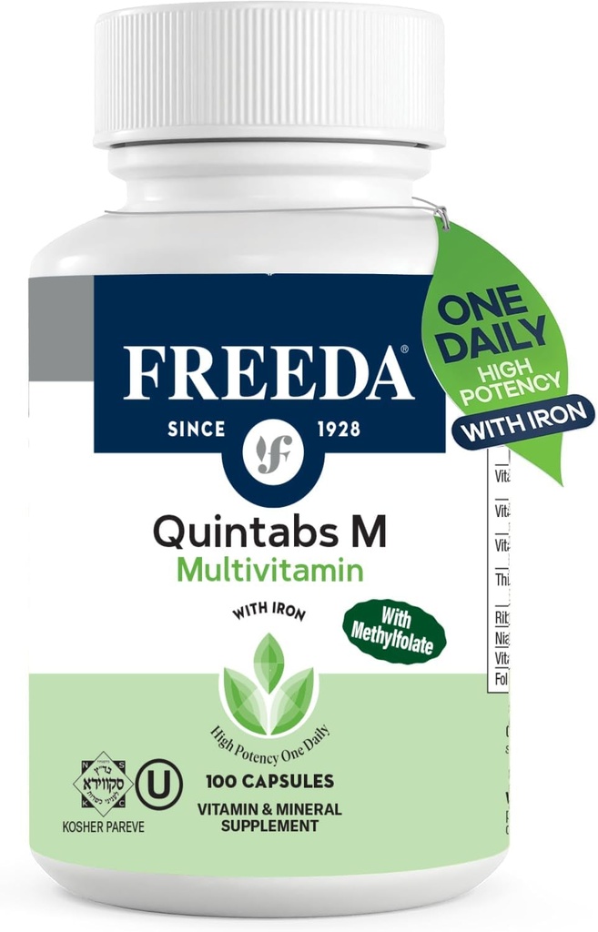 FREEDA Multivitamin - Quintass-M med jern - Kosher Multi Vitaminer Kosttilskud til kvinder Sundhed - Multivitaminer til kvinder & Iron- Mangelfulde mænd Voksne Vitaminer Multivitamin (100)