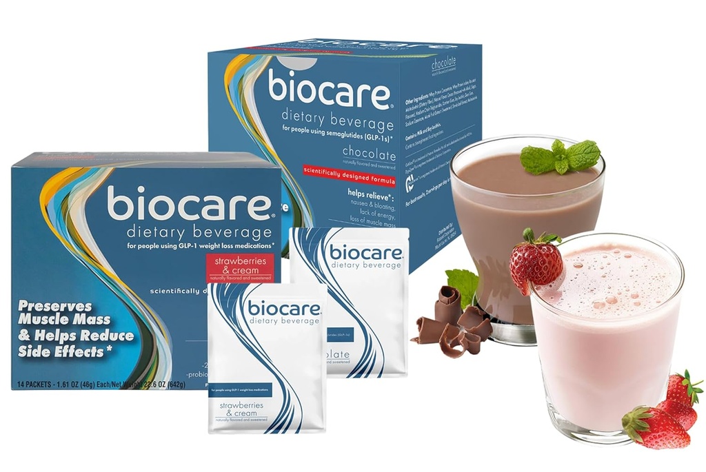 Næringsstof Drikkevarer til GLP-1 Brugere, Koster pulver drik giver 20g essentiel protein, 26 Vitamin / mineraler, Hjælper Ease Kvalme, Bloating, Forstoppelse, Chokolade og Jordbær & Creme