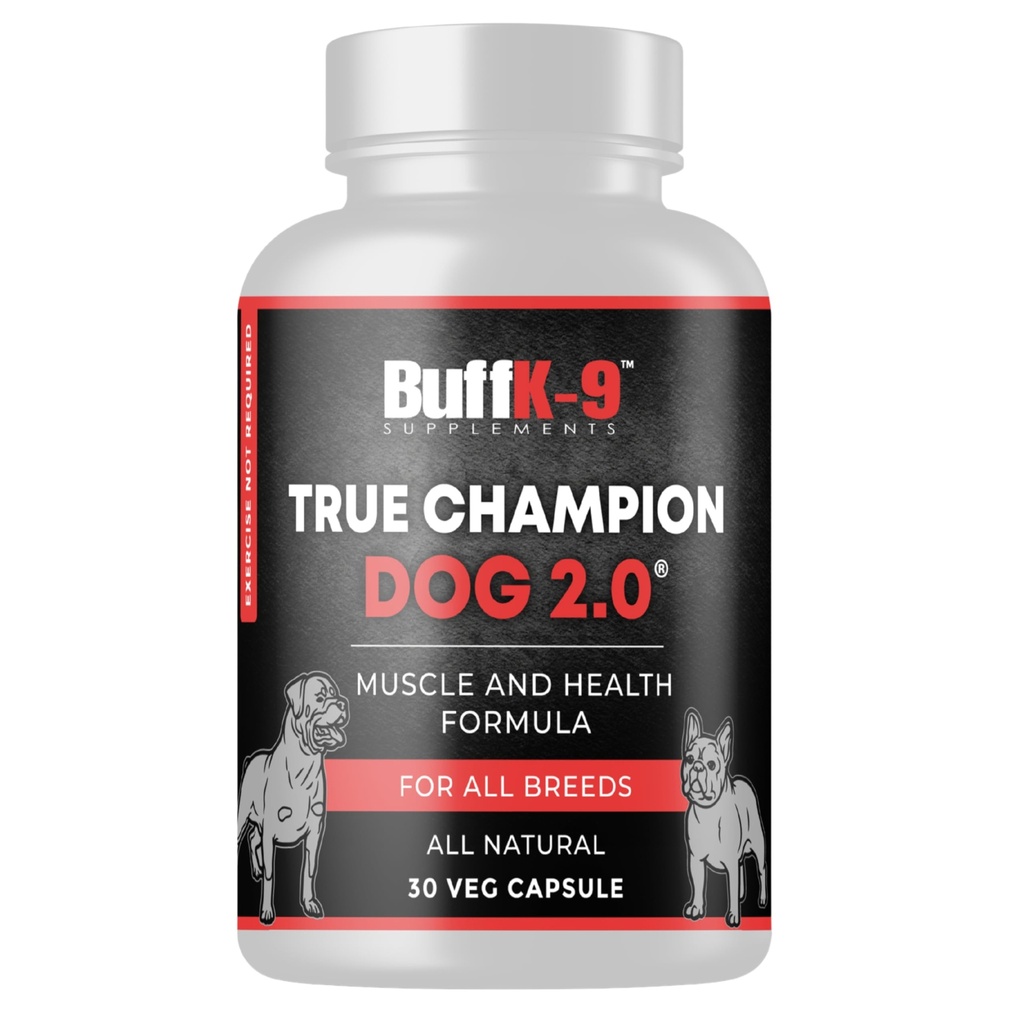 BuffK-9 True Champ 2.0 muskeltræning supplement til hunde, Canine Support Kapsler med vitamin B6 B12 Ashwagandha Folate til muskel, ben og fælles støtte, 30 Veg Kapsler