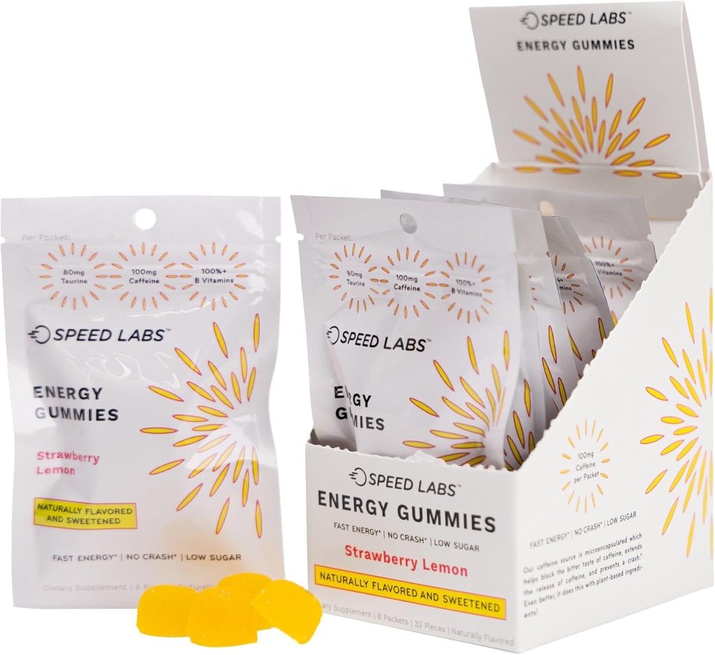 Speed Labs Koffein Energy Gummies Strawberry Lemon Natural, 25mg Koffein, Taurine, B- Vitaminer per stykke, 32 stykker (8 pakker) Vegan, Gluten Free, 1g tilsat sukker