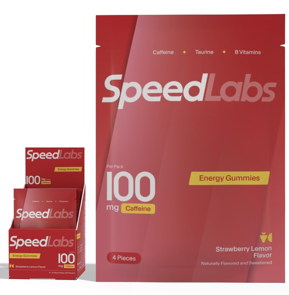 Speed Labs Koffein Energy Gummies Strawberry Lemon Natural, 25mg Koffein, Taurine, B- Vitaminer per stykke, 32 stykker (8 pakker) Vegan, Gluten Free, 1g tilsat sukker