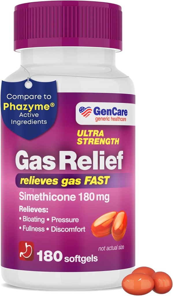 GenCare - Ultra Strength Simethicone Gas Relief 180 mg (180 Softgels) | Anti Flatulence, Bloating Aid, Stomach Discomfort and Gas Pressure Reliever Pills | Relieves Gas Fast | Generic Phazym