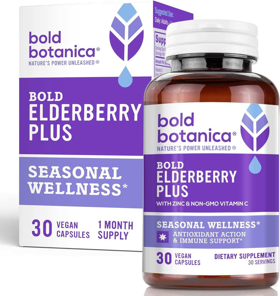 Fed Botanica Elderberry Plus - 65x Koncentreret Sort Elderberry Extract med Zink & C-vitamin til daglig immunforsvar & sæsonbetinget wellness - Non- GMO, 30 Veganske kapsler