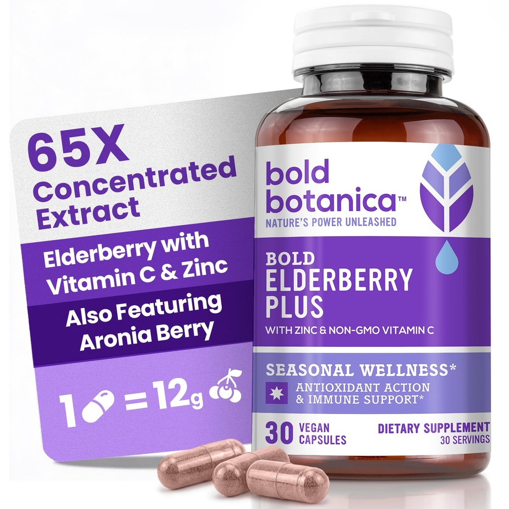 Fed Botanica Elderberry Plus - 65x Koncentreret Sort Elderberry Extract med Zink & C-vitamin til daglig immunforsvar & sæsonbetinget wellness - Non- GMO, 30 Veganske kapsler